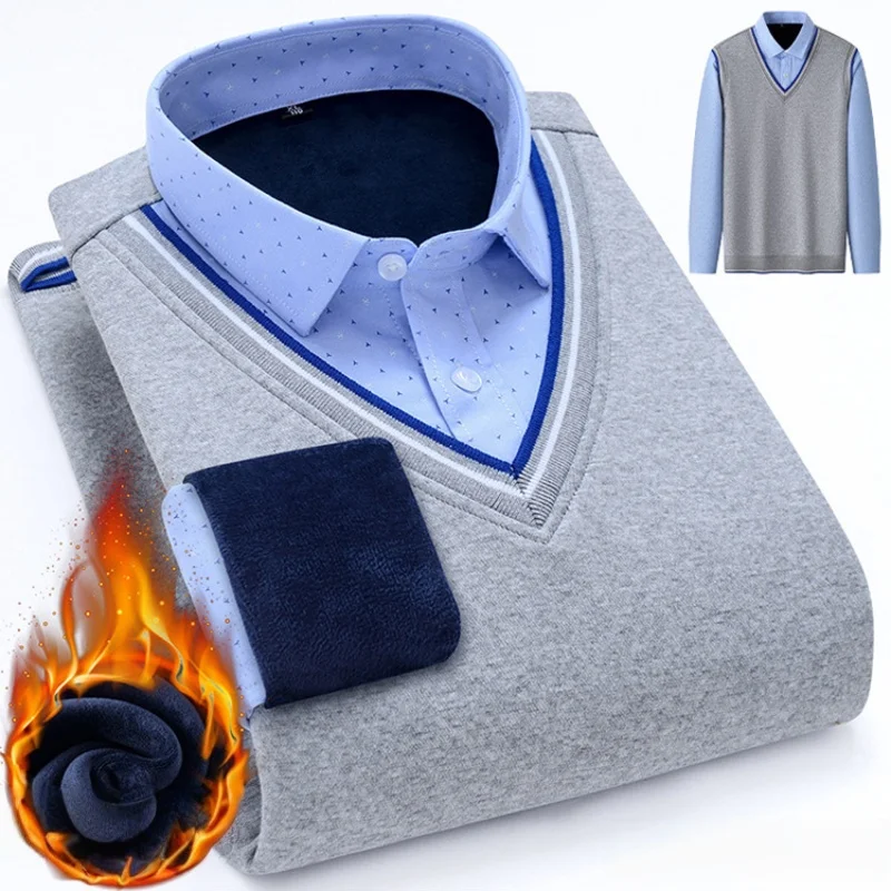 

Fake Two piece Shirts Men's Winter Plush Warm Shirt Tops Business Casual Cold resistant Base Knitted Shirt Long Sleeve Pullover