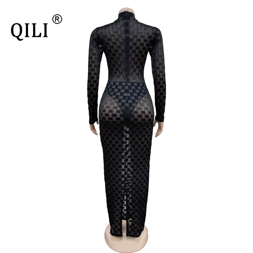 QILI-Women's Plaid Mesh See Through Full Sleeve Long Dress, Black, Gold and Silvery, Slim Waist, Women Party Club Dresses