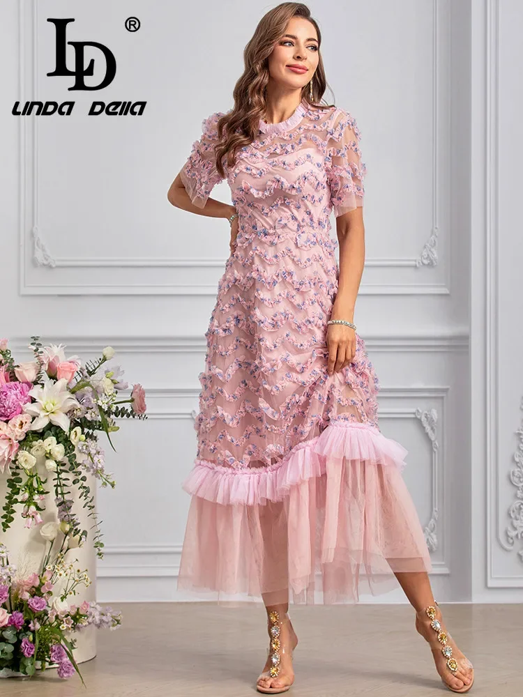 LD LINDA DELLA 2024 Summer Fashion Dress Women Bohemian Floral Print Net Yarn Cascading Ruffle Temperament Princess Dresses