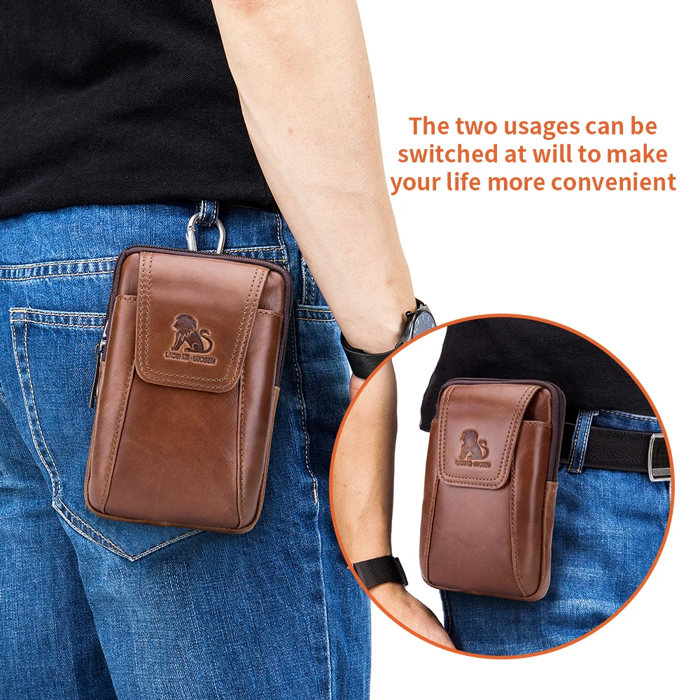 Top layer cowhide men\'s belt bag for casual outdoor mobile phone bag, genuine leather waist bag