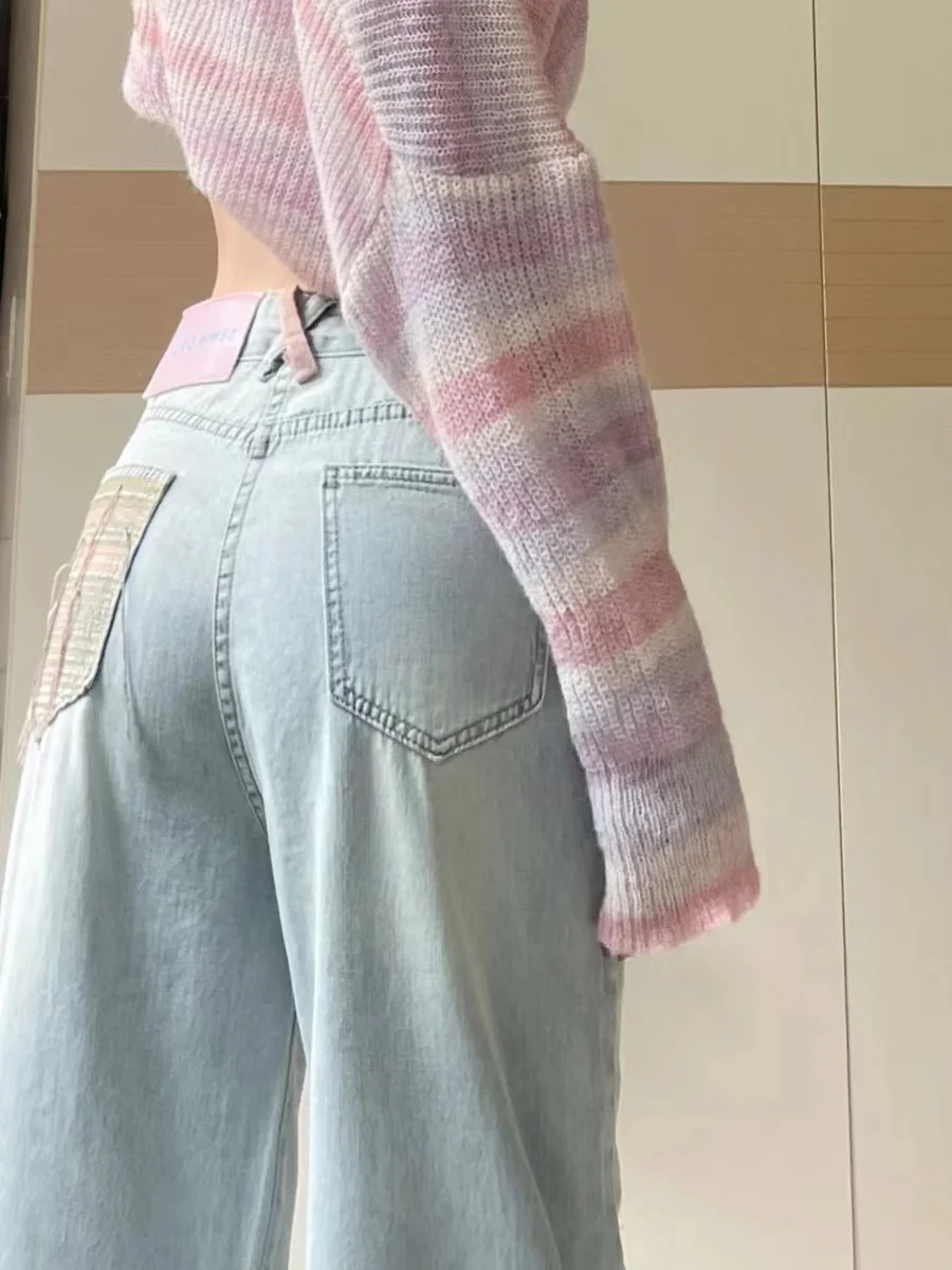 Blue Hole Ripped Wide Leg Jeans Women's Summer High Waist Straight Cut Loose Fitting Slimming Denim Pants plus Size