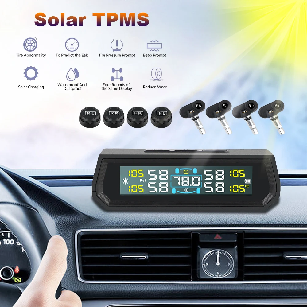 

Universal Auto Security Alarm Systems USB / Solar TPMS Car Tire Pressure Monitoring System In Car Temperature Display