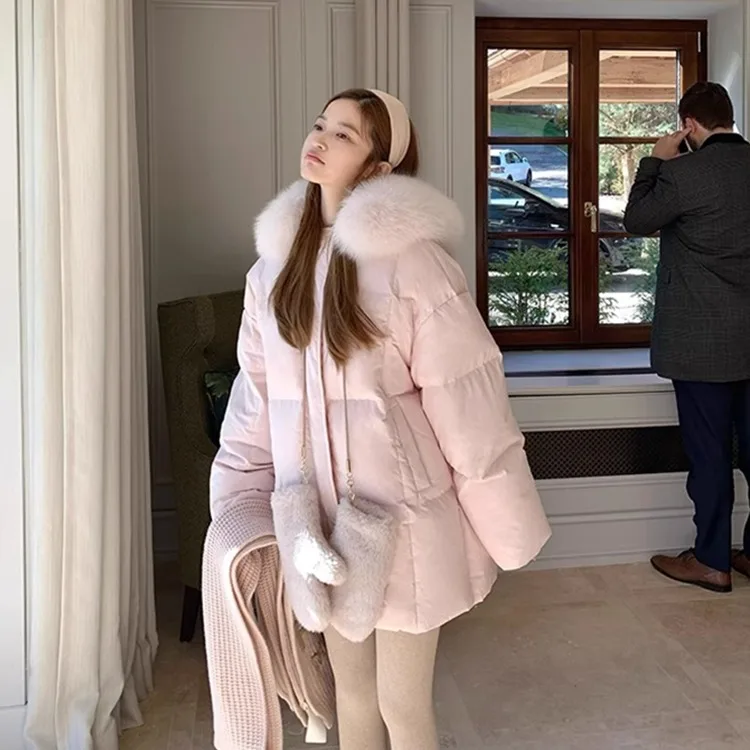 

Women Winter Hooded Pink Puffer Jacket Long Cotton Coat With Thick Fur Trim Warm Parka