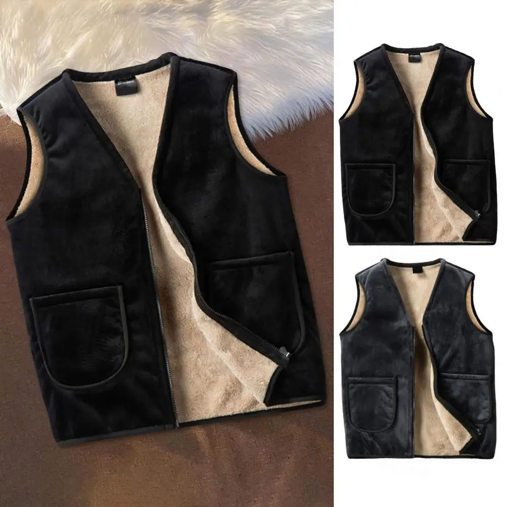 Versatile Men Vest Men's V-neck Velvet Lined Vest Coat with Pockets Zipper Closure Thickened Warm Waistcoat for Winter Casual