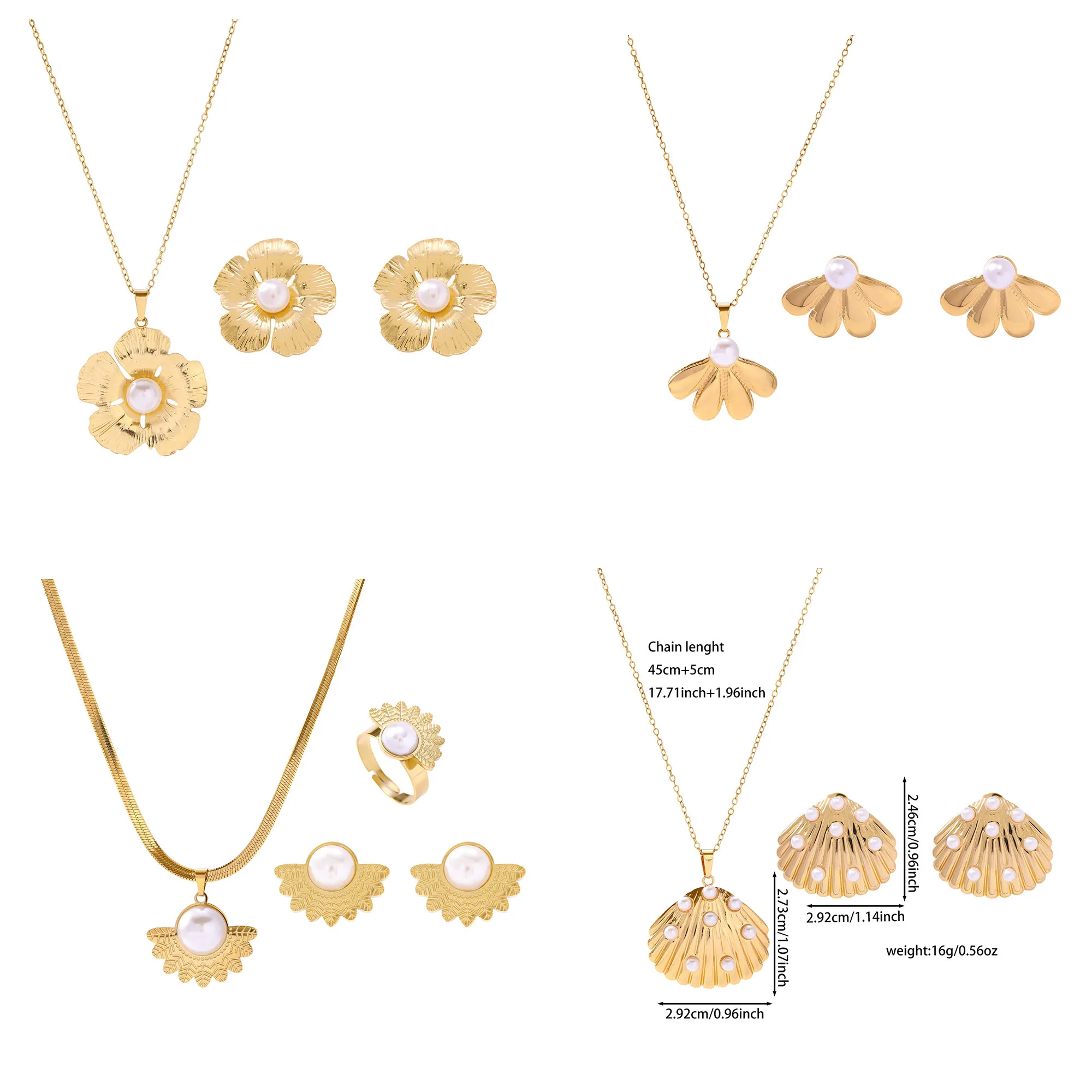 4-teiliges Edelstahl-Schmuckset für Damen: Halskette, Ohrstecker, Ring, wasserdicht, modisch, für Party, Hochzeit, Geschenk.