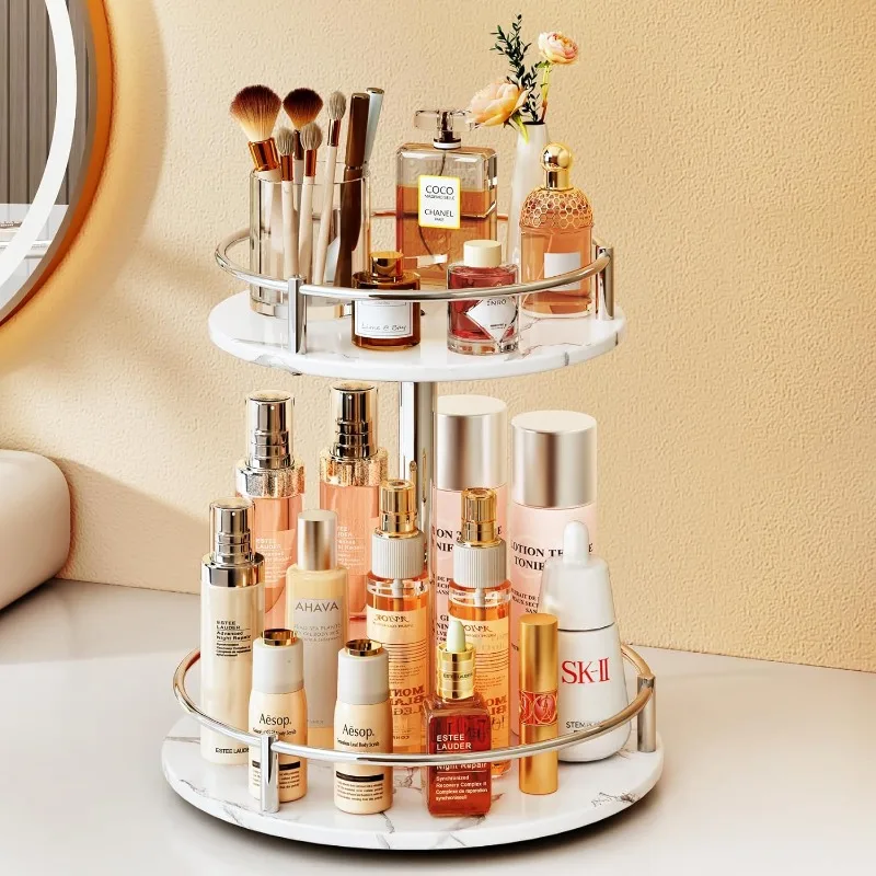 

Makeup Skincare Organizer for Vanity - Rotating Perfume Cosmetic Display Bathroom Marble Tray 2 Tier Spinning Lazy Susan, White