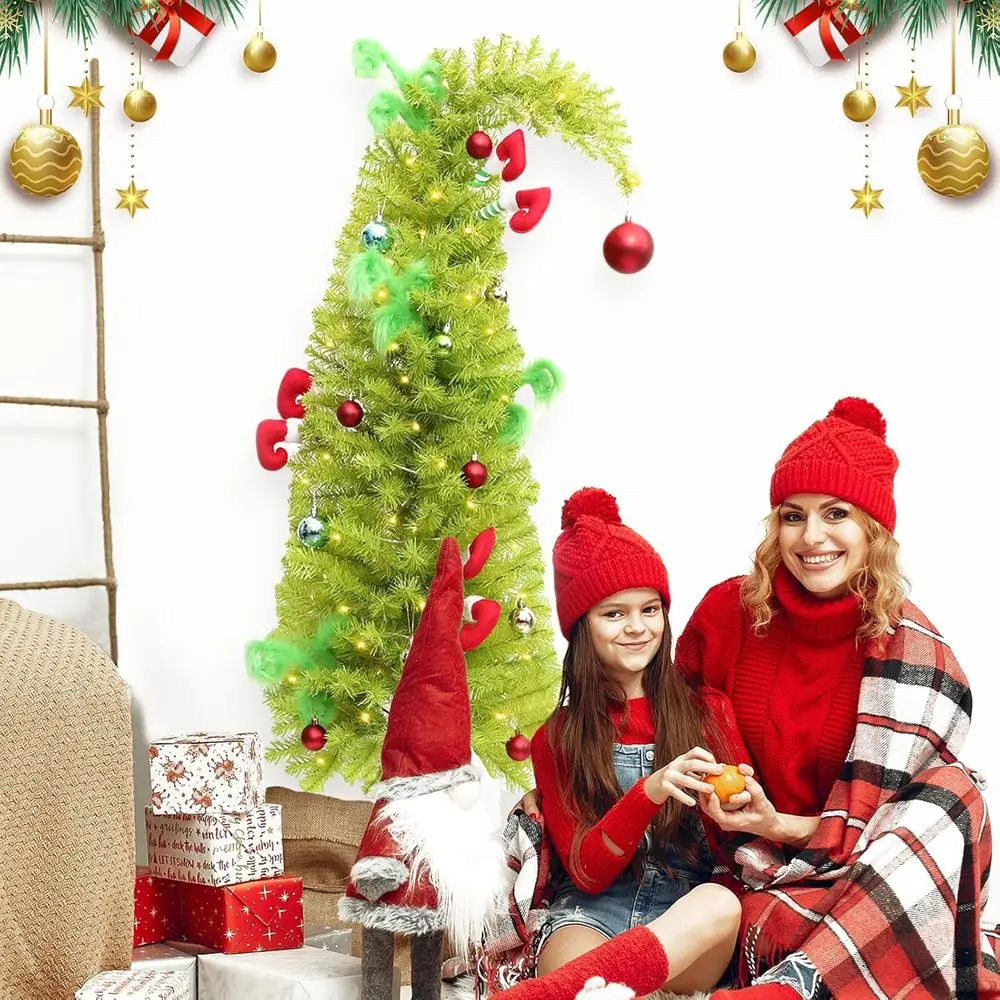 شجرة عيد الميلاد الاصطناعية القابلة للانحناء بطول 5 أقدام باللون الأخضر الليموني مع 150 مصباح LED وقاعدة معدنية وزخارف كروية للمنزل والمكتب