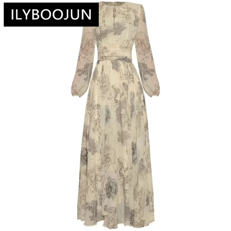 

ILYBOOJUN New Fashion Designer Women's 2024 Spring Round Neck Lantern Long-Sleeved High-Waisted Ball Gown Silk Printed Dress