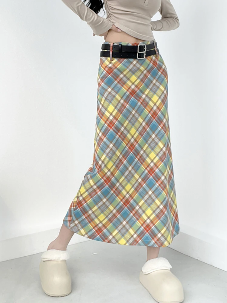 

Rainbow Girl American Dopane Plaid High Waist Straight A-Line Skirt Summer Long ort Skirt Women's Faion