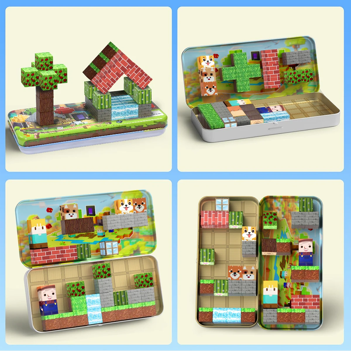 32개 자석 블록 동물 숲 세트 (3세 이상) DIY 모델 어린이 STEM 교육용 감각 장난감 (철제 상자 포함)