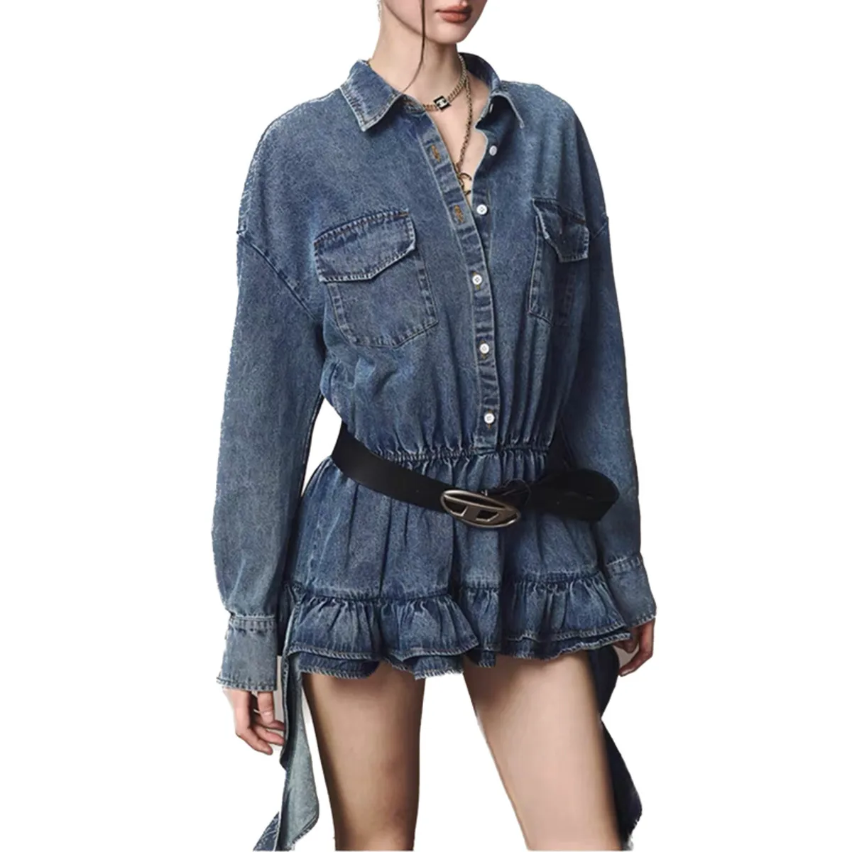 KWTX فستان قميص دينيم عتيق 2025 جديد قصير الأكمام فتاة ساخنة مطوي الخصر Cinching الصلبة ربيع الخريف أنيقة عادية #2