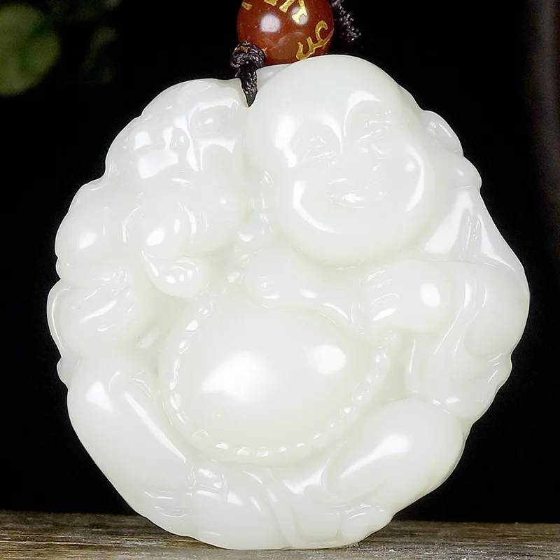Laughing Pendant, Hotan White Jade Buddha With A Smiling Face