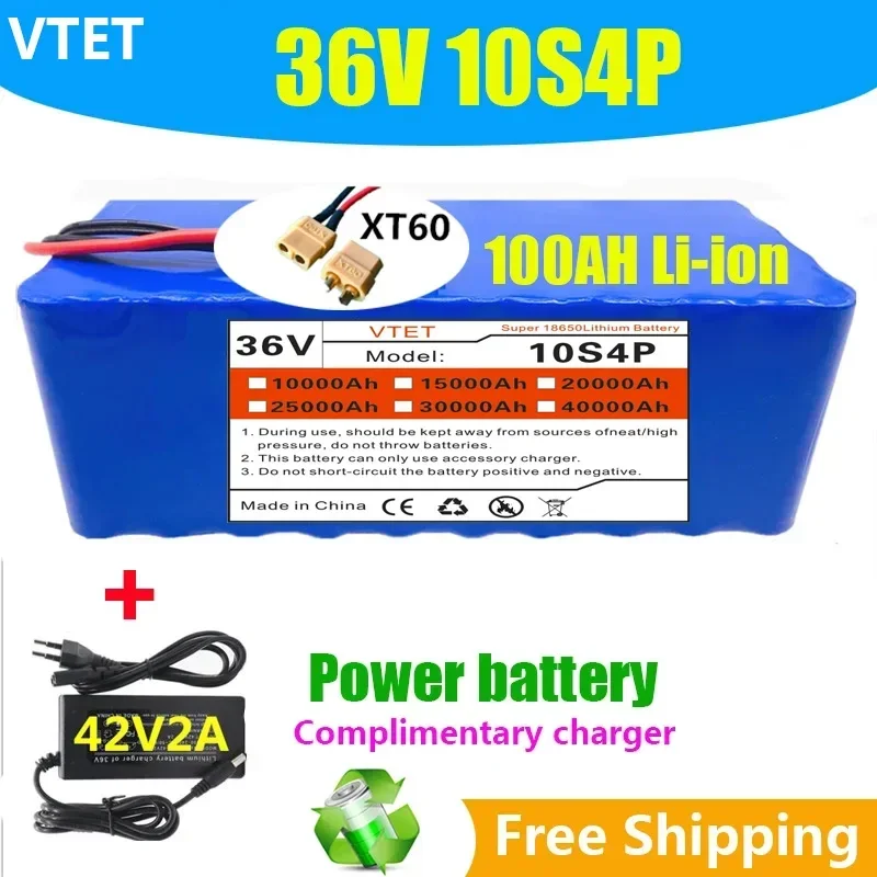 2024 New 36V  XT60 10S4P 40Ah Battery Pack 1000W High Power Battery High Quality 18650 Battery BMS+42V Charger DIY Production