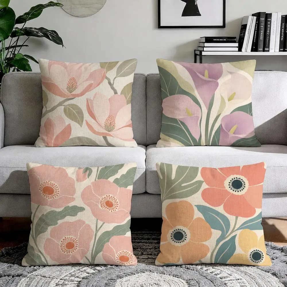 Beautiful Colorful flower pattern Cushion Cover Natural Breathable Durable Linen Printed Decor Pillow Case Sofa Bedroom