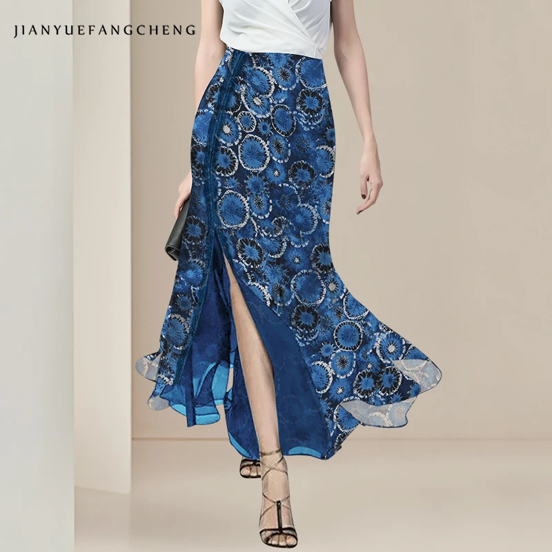 2025 Summer New Blue Jellyfish Print Chiffon Skirt Lightweight High Waist Lace Spliced Slit Long Skirts Elegant Flowing Skirt