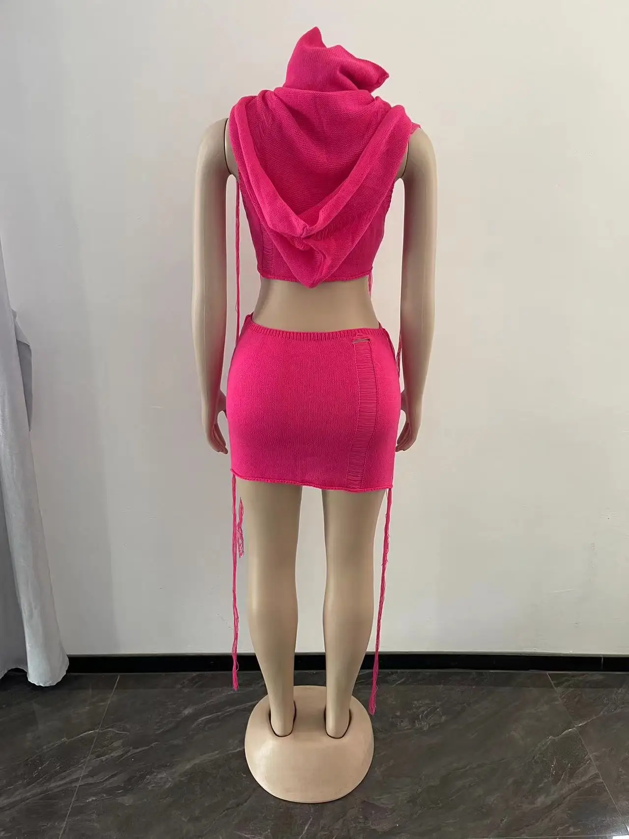 Summer Bodycon Solid Color Two Pieces Set For Women 2023 Sleeveless Hooded Crop Tops And Mini Skirts Sets