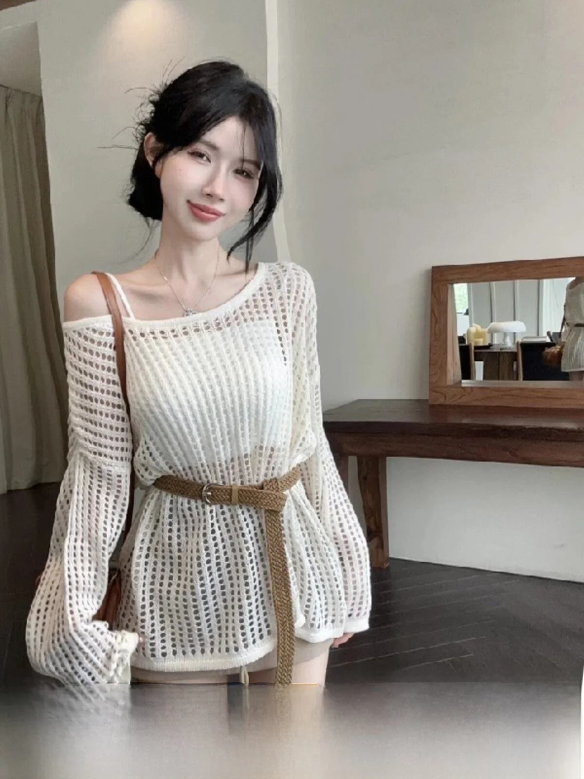 

plus Size Hollow out Shoulder Women's Knitwear Spring Season One Shoulder Sunshade Cover up Thin Model Casual Style Loose Fit