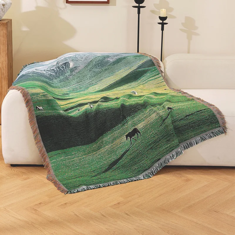 Rural Landscape Woven Tapestry Sofa Cover Home Decorative Throw Blanket Machine Washable Rectangular Mixed Fiber Artwork