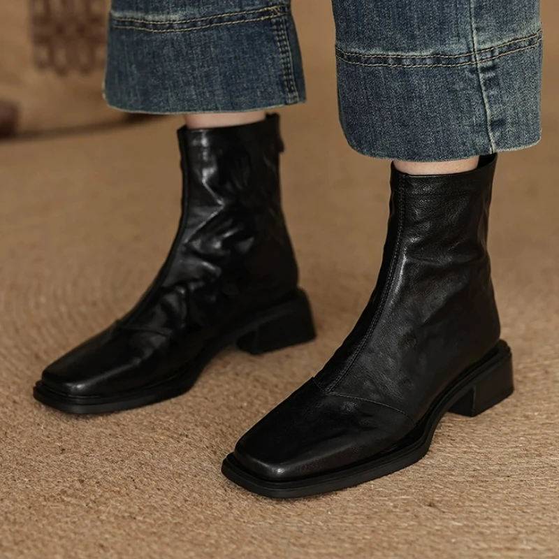

Elegant Women Ankle Boots Square Toe Heeled Shoes 2025 Trend New Chunky Fashion Boots Winter Leather Goth Woman Pumps Sexy Botas
