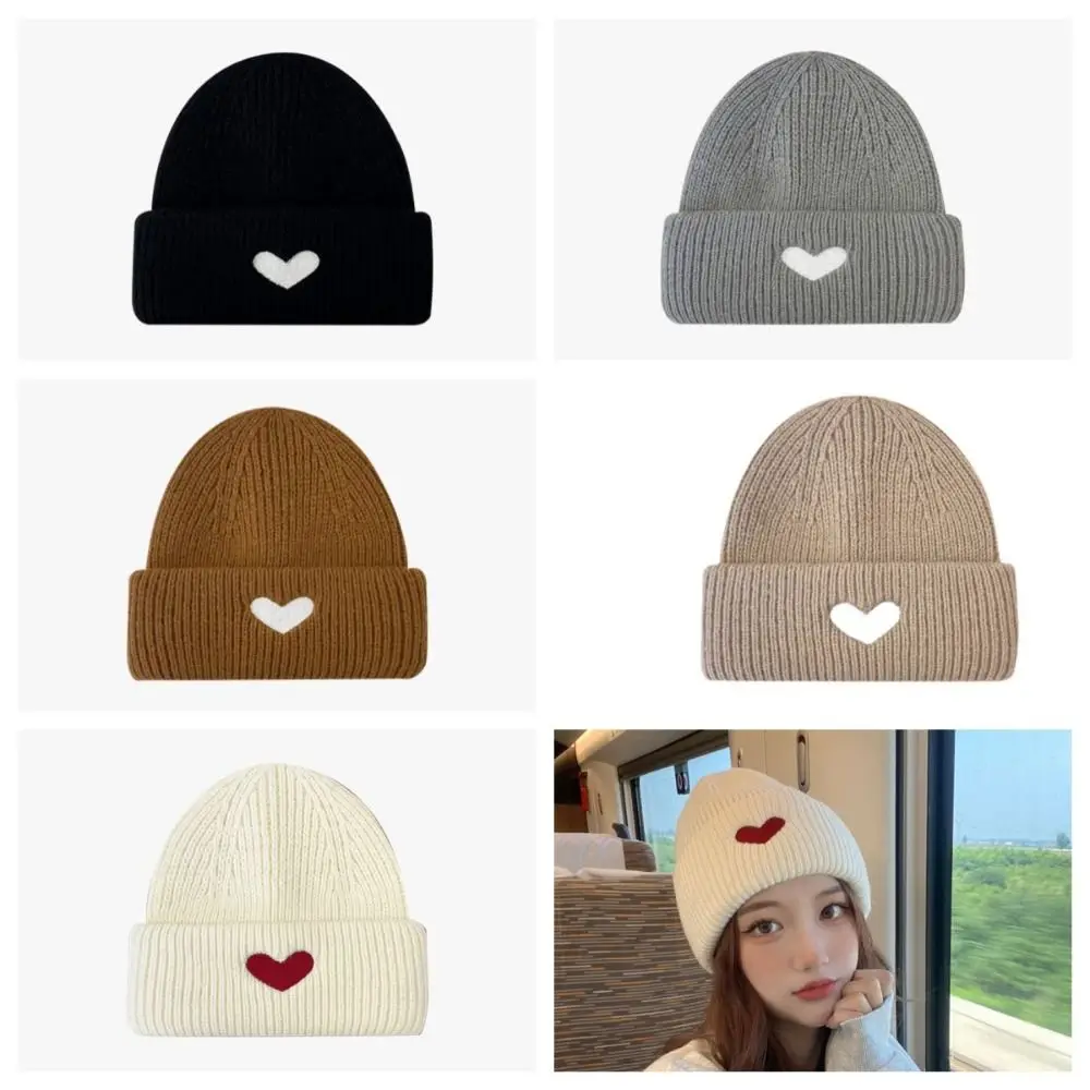 Miękkie Wełniane Czapki typu Skullies z Haftem, Jednolite Kolory, Dzianinowa Czapka z Sercem, Styl Ins, Szydełkowy Czepek dla Dziewczynek