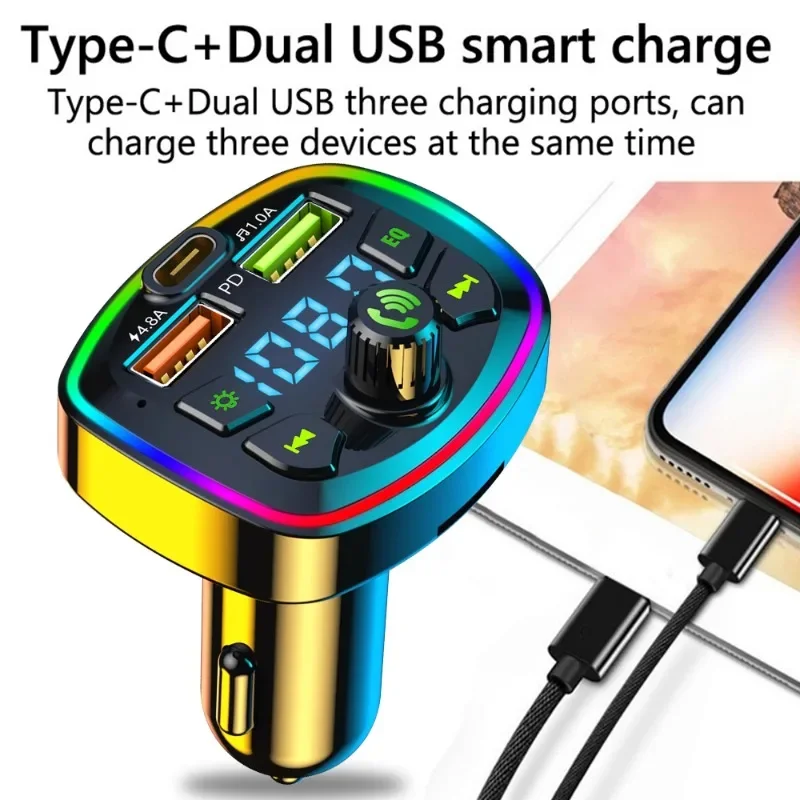 Car Bluetooth 5.0 FM Transmitter PD 18W Type-C Dual USB 4.2A Fast Charger Colorful Ambient Light Cigarette Lighter