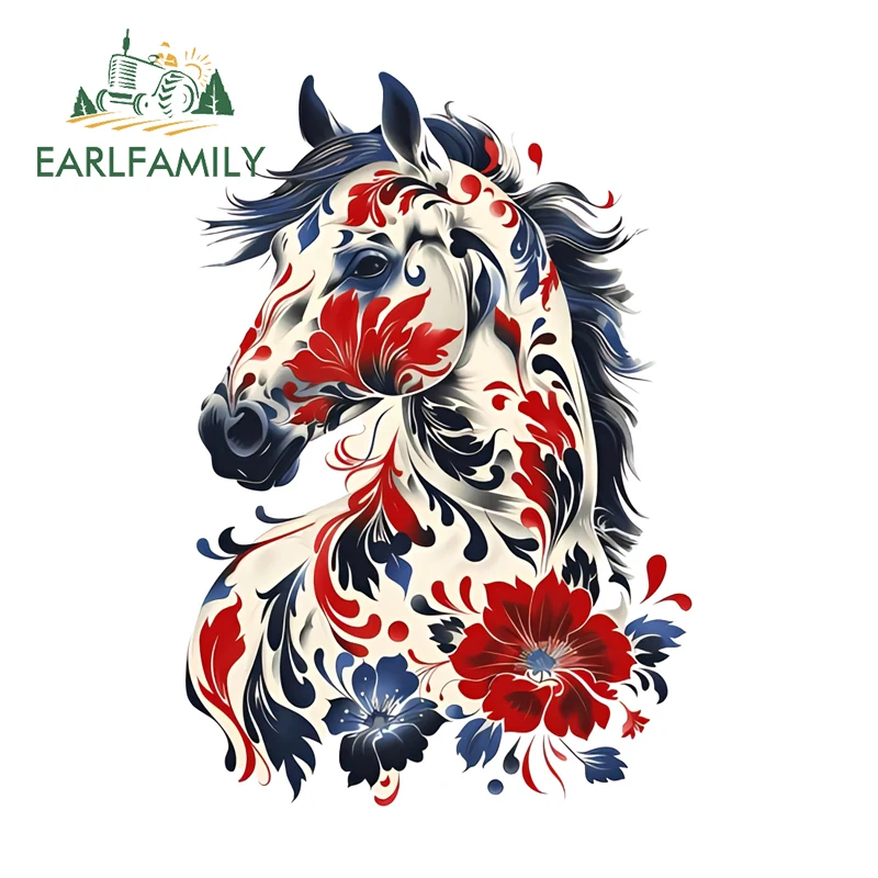 EARLFAMILY Ink Wash Patterned Horse Car Sticker Beautiful Caravan Racing Drifting Sunscreen Decal Suitable For Windows Decor