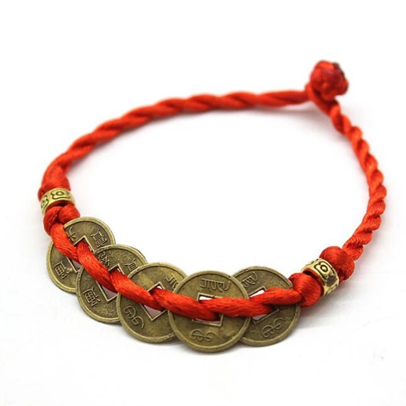 Lucky Five Emperor Money Real Copper Coin Bracelet Red String Chinese Traditional Feng Shui I Ching Year of Birth Braided Gift