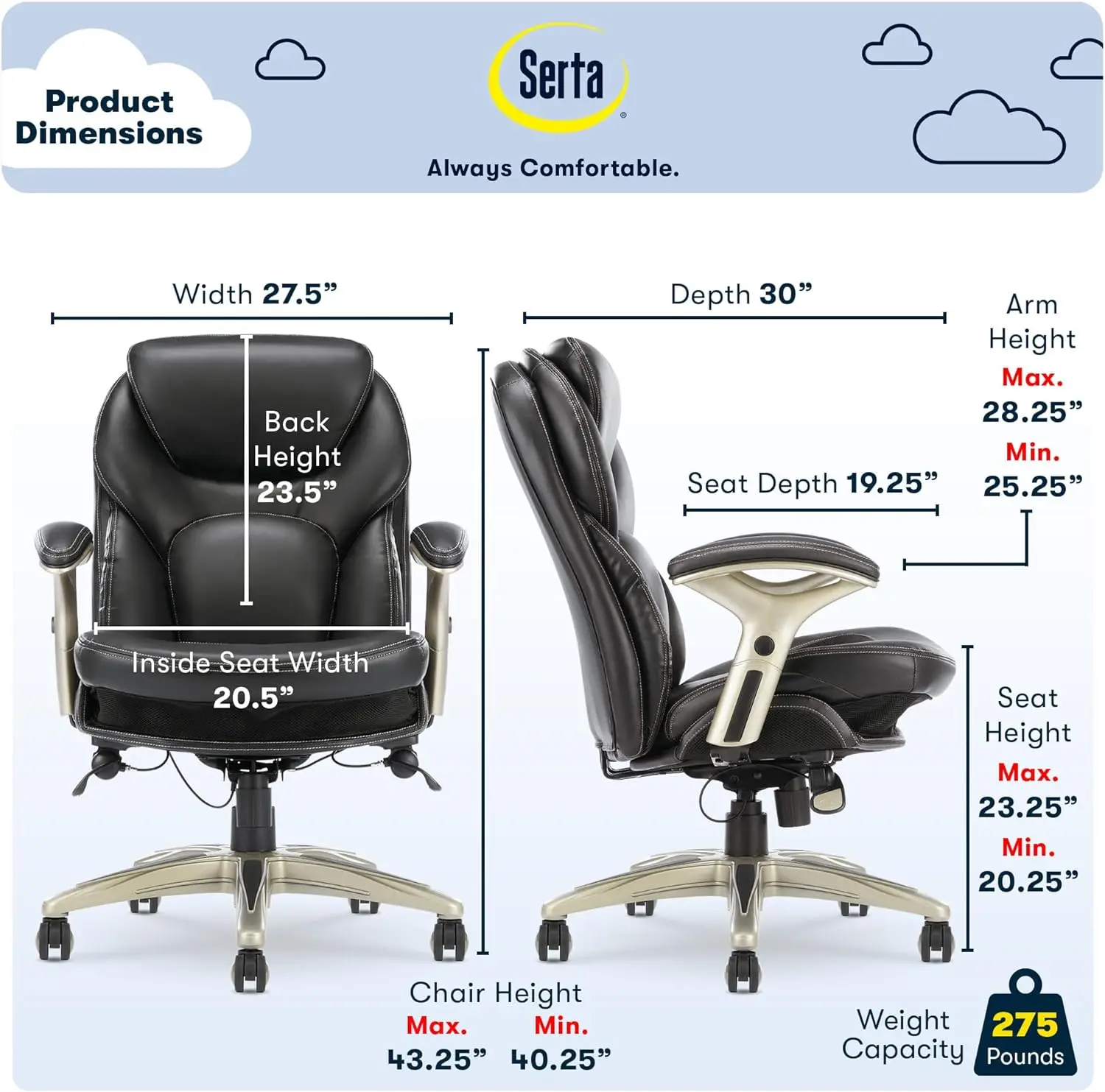 Serta Ergonomic Executive Office Motion Technology, Adjustable Mid Back Desk Chair with Lumbar Support, Black Bonded Leather