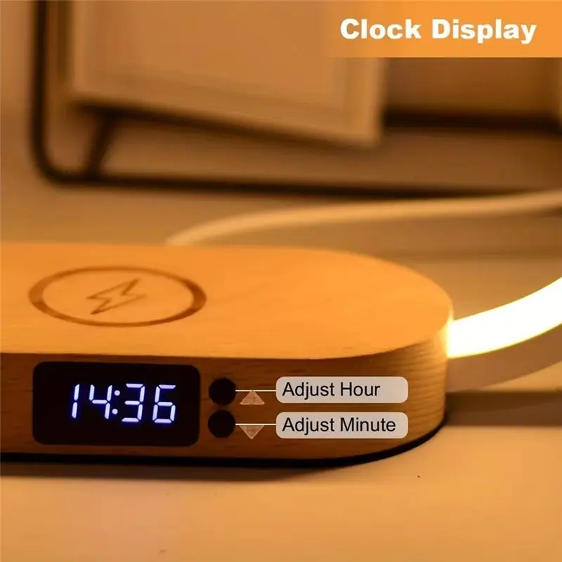 Multifunction Wireless Charger Stand Clock LED Desk Lamp Night Light USB Fast Charging Station Dock For Iphone -A74P