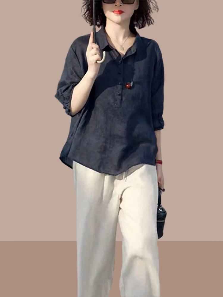 Lichtgewicht katoenen linnen irt dames ort Sve Ne regular fit gestreept patroon zomer faionable top voor moeder