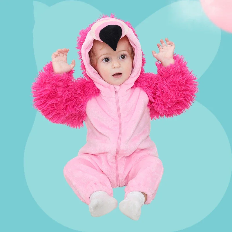 

2024 Cartoon Flamingo Bodysuit Baby Girl Romper Anime Pajamas Halloween Winter Pajamas Jumpsuit Warm Boy Cosplay Costume Onesie