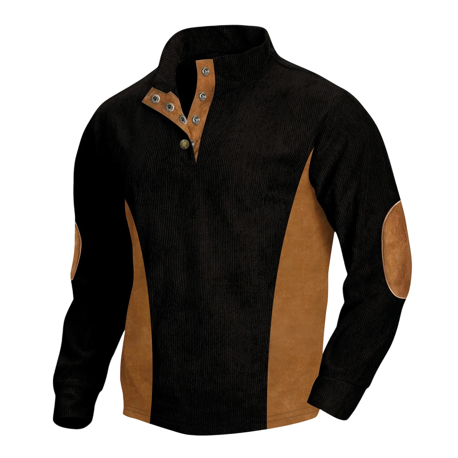 

2025 Men's Spring Autumn Loose Patchwork Pullover Long Sleeve Button Up Contrast Color Sweatshirt