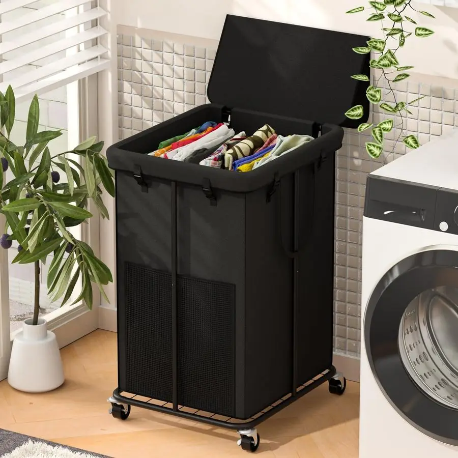 

Large Laundry Hampers with Lid, Oxford Fabric Laundry Hampers, Metal Frame and Removable Bag Design with Wheels, Suitable for Be