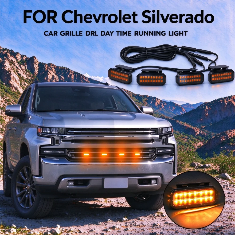 4PCS LED Front Grill Lights for Chevrolet Silverado Raptor TRD Off Road Sport External Grill Lamp