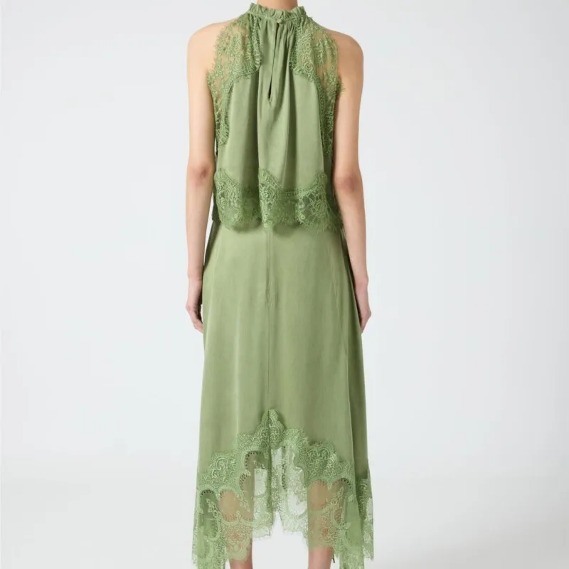 Elegante dames tweedelige set sexy kant patchwork mouwloos o-hals tanktops onregelmatige rokken 2-delige sets dame bijpassende sets