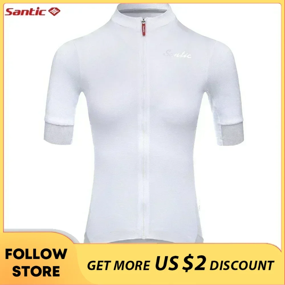 Santic Summer Women Cycling Jersey Short Sleeve White Road Bike Clothing Top Quick Dry Reflective Shirt Sportswear Asian Size