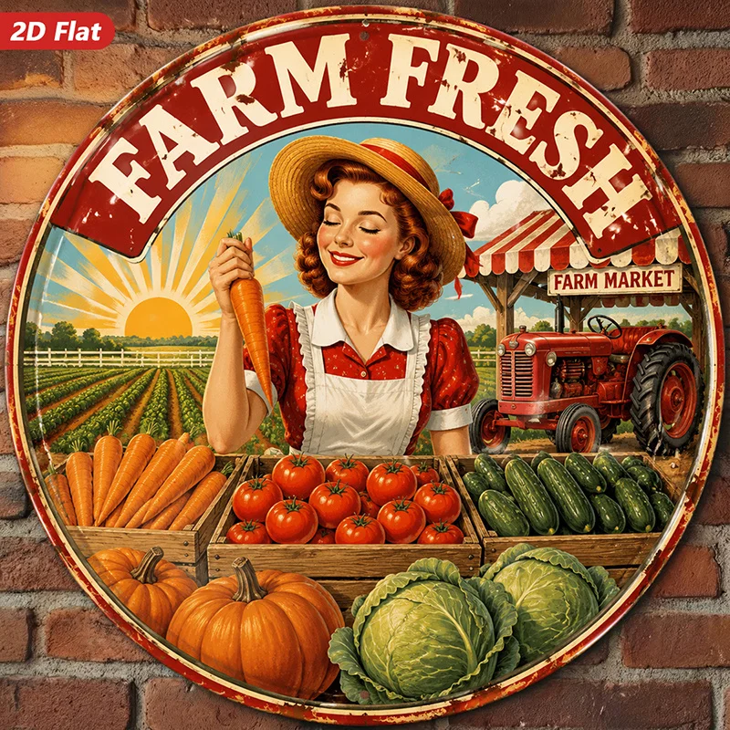 Smiley Farm 2D Round Metal Sign Carrot Tomato Red Tractor Barn Weatherproof Indoor Outdoor Home Garden Wall Decor
