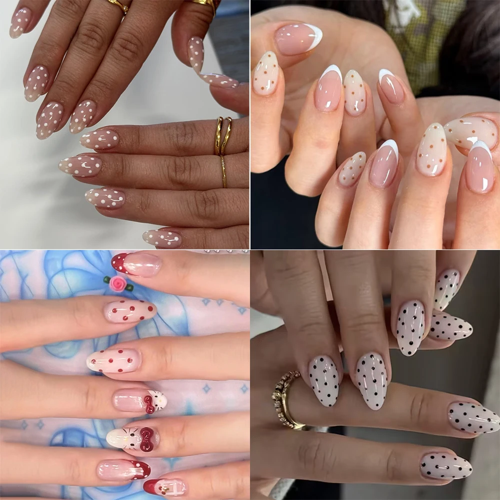 

4packs/96pcs Press on Nails Almond Fake Nail Tips Spotty Print Decorated Nails French False Nails Reusable Stick on Nails