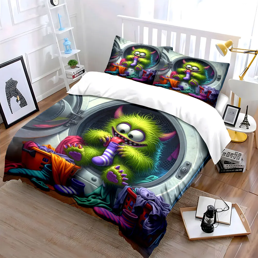 Furry monster in washing machine Bedding Set for Kids Luxury Gift 3pcs Digital Print Comforter Set Soft Comfortable Breathable