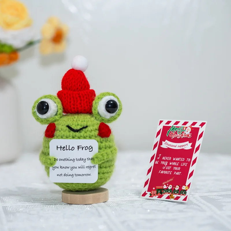 Creative Handmade Knitted Wool Frog Doll with Cheer Up Card Home Room Decor Crochet Positive Energy Frog Doll Christmas Gifts