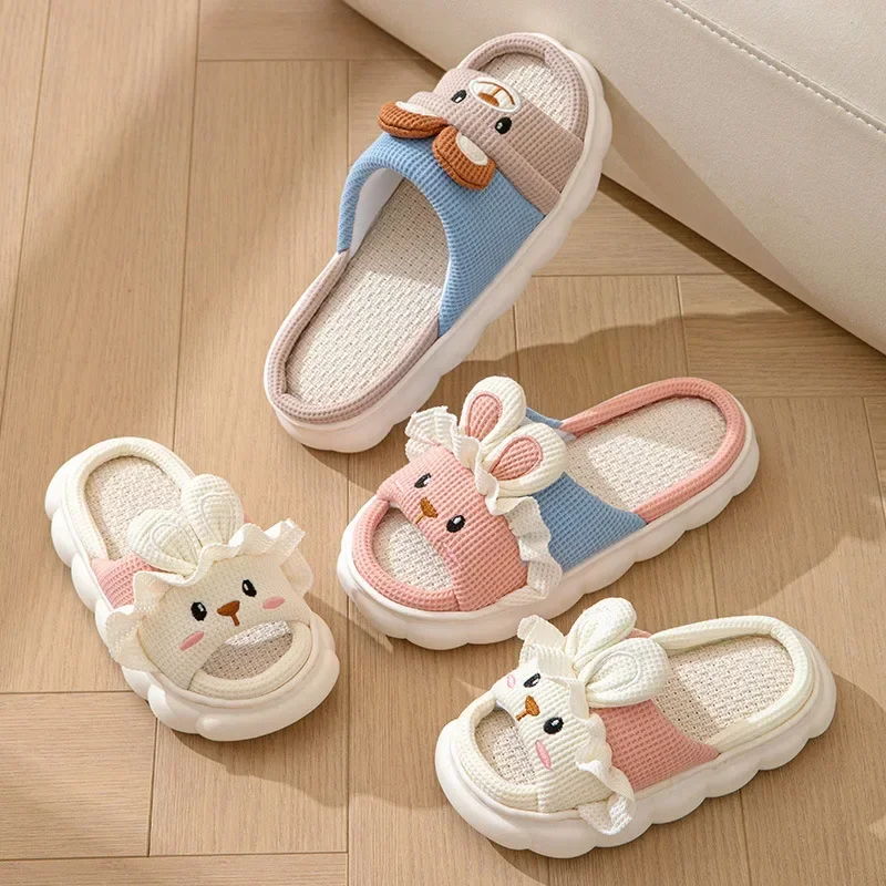 Four Seasons Universal Linen Slippers Women Men Home Slides Boys Girls Cute Rabbit Indoor Slippers Kids Soft Non-slip Flip Flops