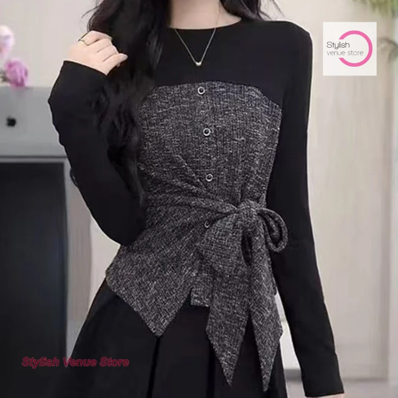 

Korean design sense temperament strap irregular fake two-piece blouse women's spring and autumn new western-style slim shirt