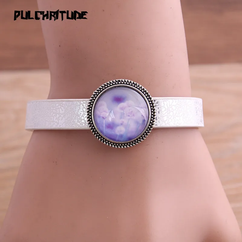 1pcs 5Color Pattern PU Bracelet Silver Round Base Setting Cuff Blank Trays Brazel Fit 18mm Glass Cameo Dome Cabochon DIY Jewelry