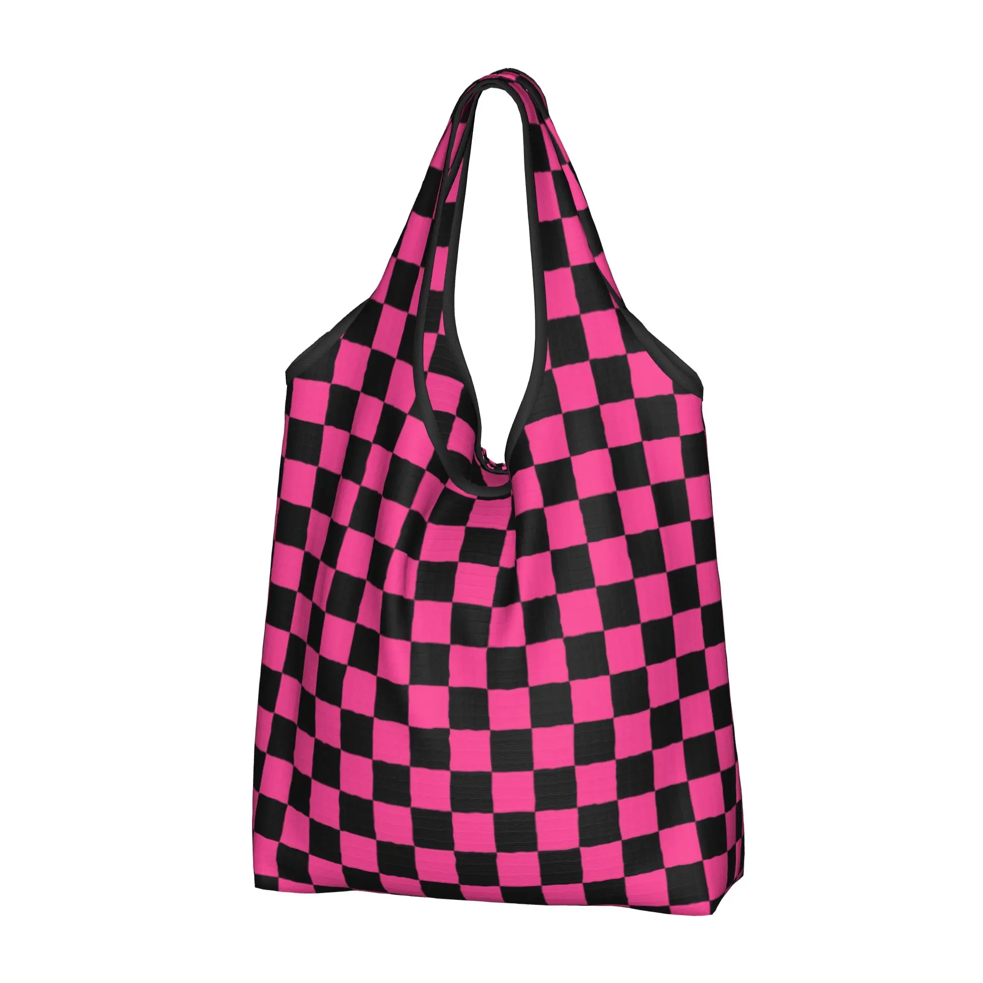 Reusable Black and Pink Checkerboard Pattern Shopping Bag Women Tote Bag Portable Tartan Plaid Groceries Shopper Bags
