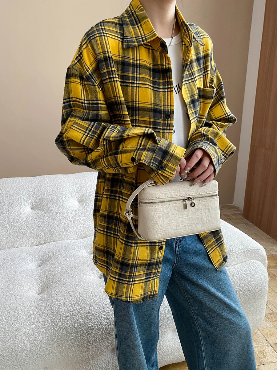 

Early autumn new American dopamine yellow checkered casual versatile loose long sleeved shirt