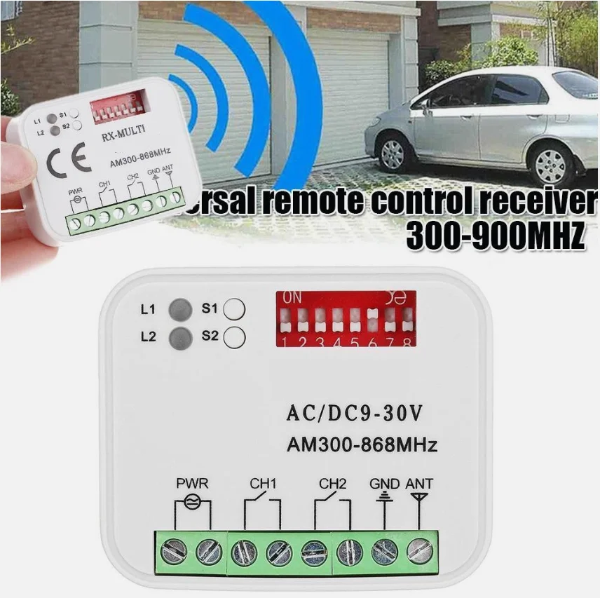 Universal AC/DC 300-868MHz Garage Door Receiver 2CH Remote Control Receiver Replacement Fixed Code Rolling Code 433MHz 315MHz