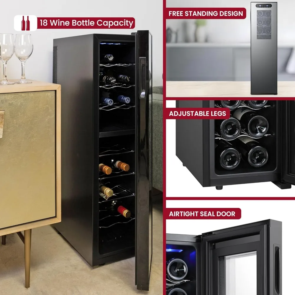 ثلاجة النبيذ - مبرد النبيذ، خزانة النبيذ 18 زجاجة للشمبانيا، النبيذ الأحمر والأبيض، قبو قائم بذاته للمنطقة المزدوجة للبار، المنزل،