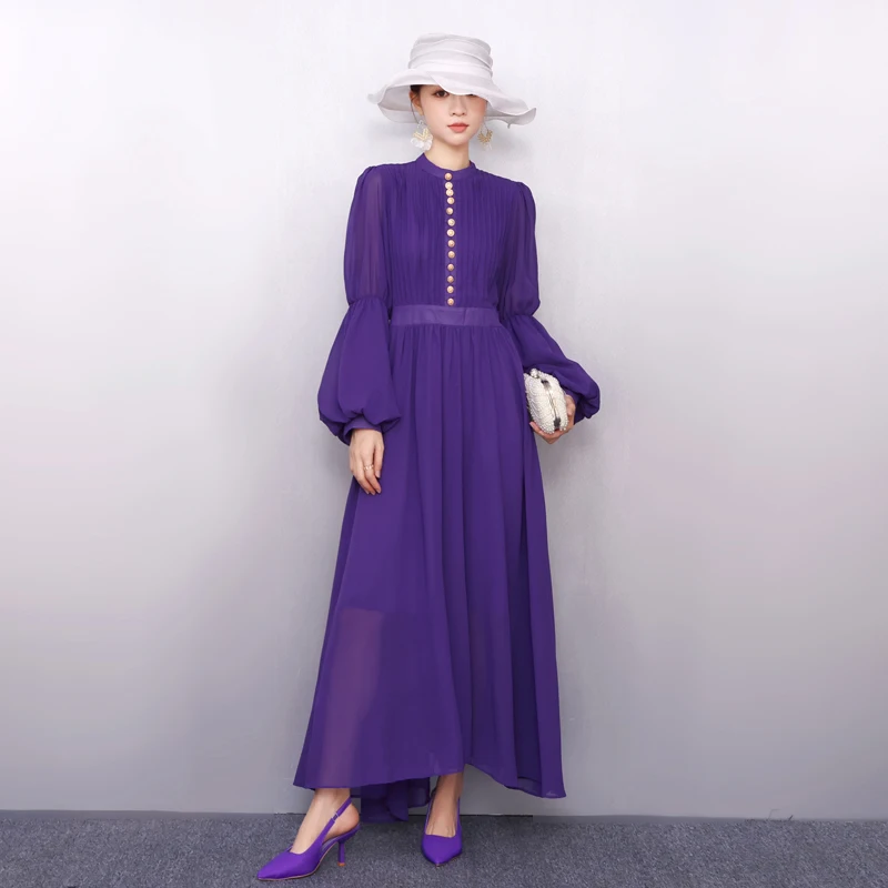 

2025 Summer Elegant Women Loose Long Dresses Female Lantern Sleeve Dress Wholesale J1243