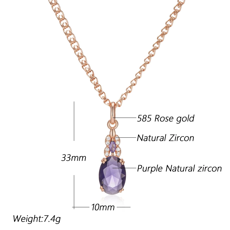 Kinel Sparkling Purple Oval Natural Zircon Pendant Necklace for Women 585 Rose Gold Color Pendant Vintage Party Daily Jewelry