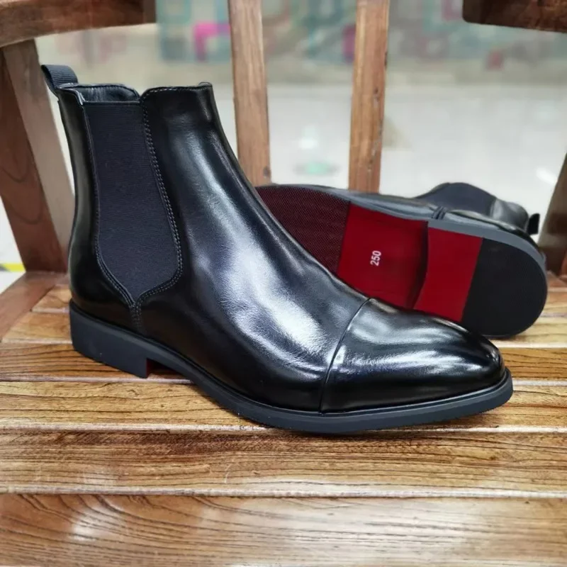 New Red Sole Chelsea Boots for Men Black Red Business Pointed Toe Handmade Men Fashion Short Boots Men Boots